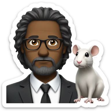 A middle-aged man with a blank expression on his face, a black trimmed medium beard, black glasses, long messy hair, wearing a suit with a white rat on his shoulder sticker