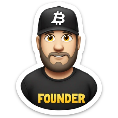 Fat Jewish man in his 30s wearing black trucker hat that says Founder on the hat sticker