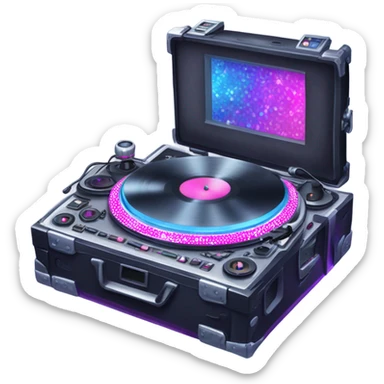 Realistic isolated DJ turntables and console setup with pink,blue,and purple sparkling diamonds and rhinestones on it. sticker