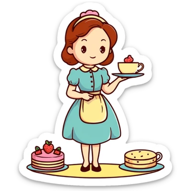 Charming British girl in vintage dress having afternoon tea with fancy teacup, scones and cake stand sticker