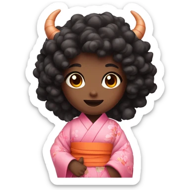 a demon girl with curly black orange and pink eyes with a pink kimono and a bamboo  sticker