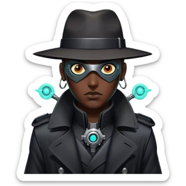A dystopian bounty hunter, black trench coat, cybernetic eye glowing sticker