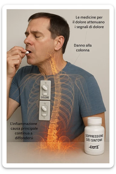 Realistica Man taking pain medication for chronic back pain, pills shown as dimmer switches turning down pain signals in transparent nervous system overlay, underlying spinal damage remaining completely untreated and worsening, expression of temporary relief masking progressive deterioration, medication bottle labeled 'symptom suppression' not 'cure', root cause inflammation continuing to spread in italiano sticker