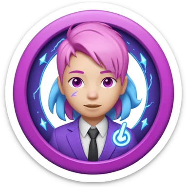 Cute 3D emoji-style character with pink hair and purple eyes, inside a circular badge. No hands, no pose. Clean purple suit with a glowing neon-blue ‘C’ logo on the chest, small lightning accent. Smooth Apple-style lighting, friendly expression sticker