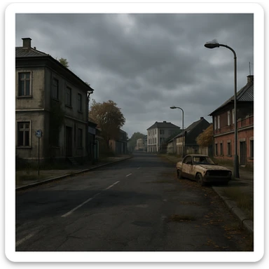a view of the city street in a videogame: DayZ - in the town of berezino [no text contained in the image] sticker