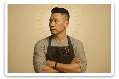 shu pozada turgan faqat o'ng tarafga qarab turgan sartarosh ustani tasvirlab ber realistik uslubda yoshi kattaroq soqol shart emas va osiyolik erkak  sticker