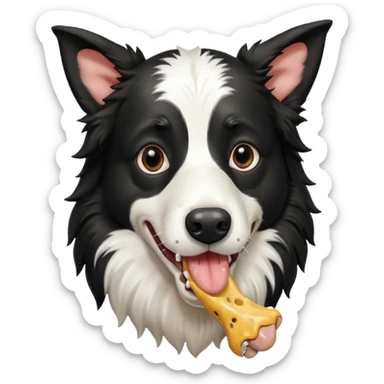 A black and white border collie is chewing on a rotten, smelly cow's hoof. sticker