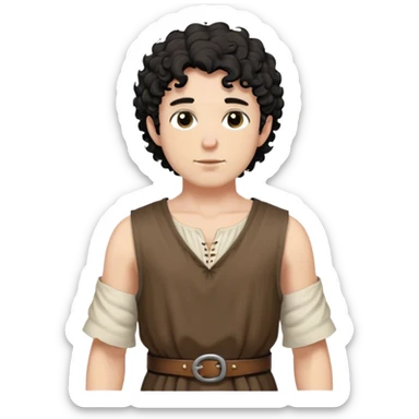 medieval summer outfit worn by a DnD themed fantasy character. basic sleeveless cotton shirt with a loose neckline and a thin leather belt. clothes only above the waist. The clothes full waist. The character's haven't arms. character is black hair, brown eyes, short curly hair, white skinned man. sticker