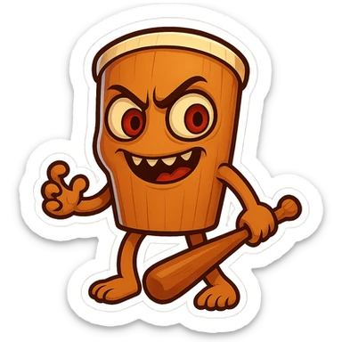 chibi emoji of Tun Tun Suhoor, wooden stick body with smooth brown texture, drum-like cylindrical body, holding baseball bat, cartoon style, bright vivid colors, expressive face, dynamic pose, a bit creepy yet funny,  sticker