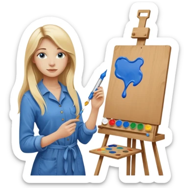 female artist, 20 years old, blonde with long hair, blue eyes, beautiful, confident, thin. In the hands of paints, she is near the easel, 20th century sticker