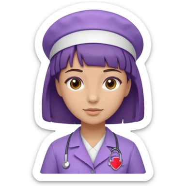 A young female slim nurse with short Brown hair with fringe over her forehead, wearing larvendar purple working cloth sticker