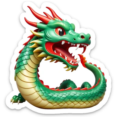 Cinematic Cute Yawning Chinese Serpent Dragon Portrait Emoji, Head gently inclined with a dramatic, wide-open yawn, revealing an elegantly elongated body with softly glowing jade and vermilion scales, enriched by subtle, ethereal cloud and ripple motifs; rendered with authentic detail and delicate natural light, high shine, relaxed yet wise, styled with a dash of ancient mystique, soft glowing outline, capturing the essence of a drowsy but venerable celestial dragon ready to drift into a serene, timeless slumber! sticker