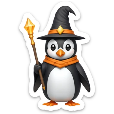 Penguin wearing a wizard hat and robe holding a magic wand sticker