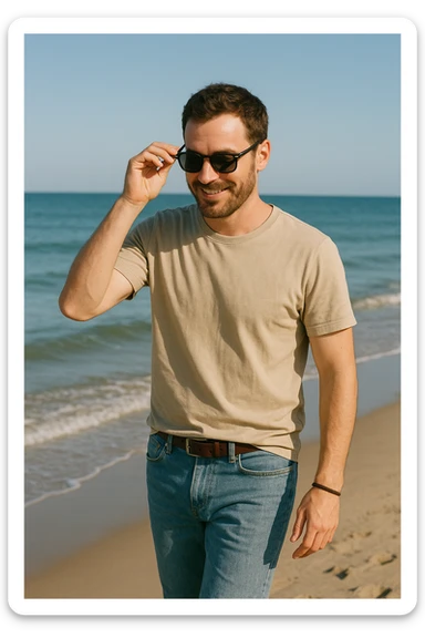 uomo passeggia a mare e si mette gli occhiali da sole sticker