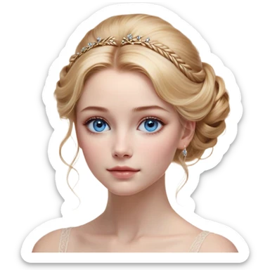 Cinematic Realistic Cinderella Portrait, depicted with lifelike skin texture, subtle rosy undertones, and soft natural lighting that enhances the gentle contours of her face. Her intricately detailed golden blonde hair is elegantly styled in an updo, with delicate wisps framing her face for added realism. Her deep, expressive blue eyes radiate warmth and sincerity, reflecting a quiet resilience and grace. She is dressed in her iconic ball gown, the fabric shimmering with intricate embroidery and fine translucent layers that catch the light beautifully. The soft sheen of satin gloves and the delicate sparkle of a glass-like slipper peeking from beneath her dress add a touch of magical realism. The portrait features an enchanting glow with a natural, luminous finish, seamlessly blending realism and fairytale charm to evoke a sense of depth, elegance, and timeless beauty. sticker