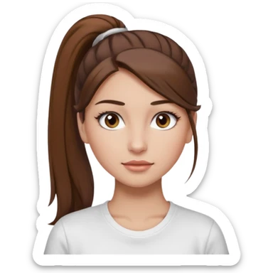 Chica de pelo con una cola de clean look  y marrón con ojos color marrón  y una camiseta blanca y la piel blanca con pestañas y maquillada clean look  sticker