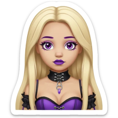Ai light skin girl , who has straight long length blonde hair with heavy purple streaks , hazel eyes , and doll like makeup , with a septum piercing, in a black corset emoji sticker