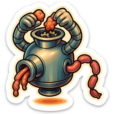 hovering robot. stuffs material into large hole on its top with 2 arms. no head. hole is where a head would be. spinning gears and blades in hole grind material. sausage links come our of hole on backside.  3/4 view. between realism and cartoon. well lit. no dramatic lighting. metallic shiny robot. works diligently. dark humor sticker