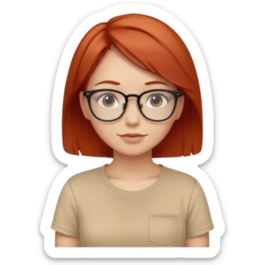 girl short-layer-red-hair wear beige T-shirt, wear glasses sticker