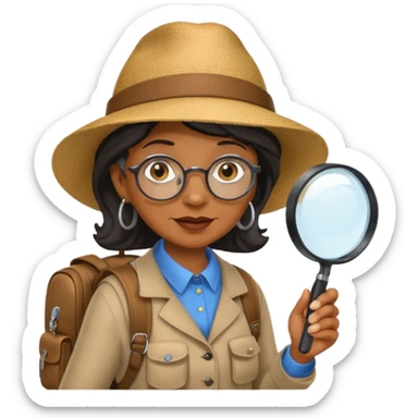 Explorer old black woman with hat and magnifying glass and backpack, portrait sticker