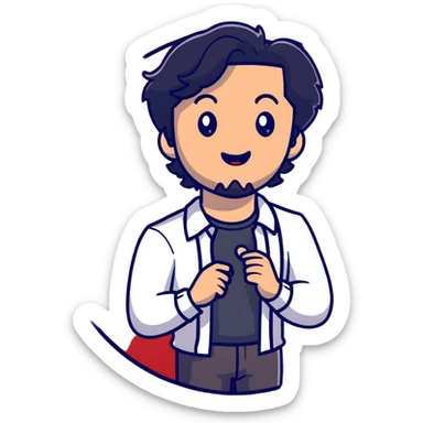 Management educator with black wavy hair, stubble, strong features, white skin, smart casual attire, presenting a powerful TED talk about business innovation, animated speaking pose on iconic red circle stage, innovation-themed visuals sticker