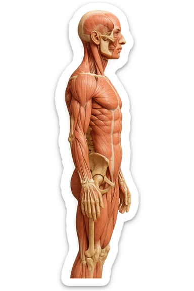CORPO UMANO ANATOMICO REALISTICO DI PROFILO CON CURVA LOMBARE PIATTA, iperrealistico 4k sticker