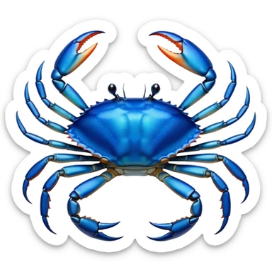 Cinematic Noble Blue Crab Portrait Emoji, Poised and commanding, with a sturdy, angular build and a brilliantly iridescent blue exoskeleton accented by robust, gleaming claws, deep-set piercing eyes, Simplified yet sharp and sophisticated features, highly detailed, glowing with a cool, oceanic glow, high shine, intelligent and resilient, stylized with an air of marine authority, focused and attentive, soft glowing outline, capturing the essence of a watchful and confident blue crab that feels as though it could scuttle out of the screen with effortless authority! sticker