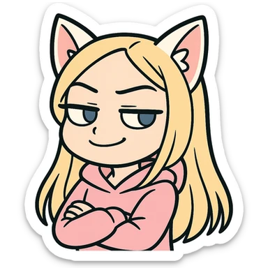 chibi anime catgirl Twitch emote, white cat ears, blonde extremely long hair, blue eyes, white skin, cute, pastel pink hoodie, smug expression sticker
