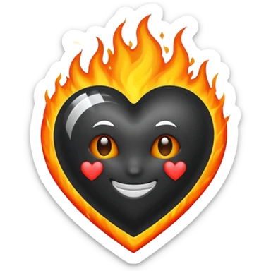 Black heart on fire, white lines inside of the heart to symbolize a smiling face sticker