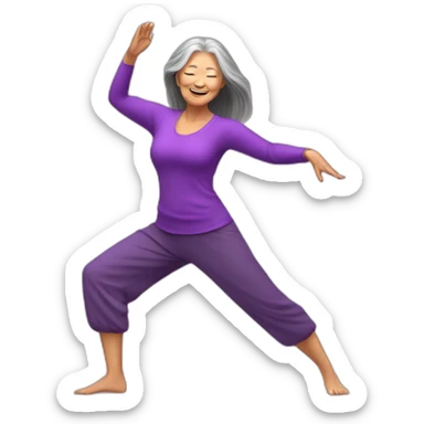 Long hair Asian senior woman in sexy purple yoga cloth dancing Zumba sticker