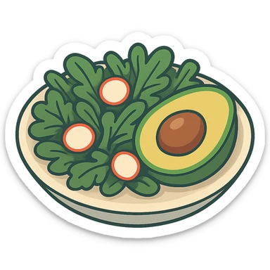 Edit the image to show the avocado as a halved avocado with the pit visible, keep the rest of the plate the same, in 2D isometric illustration style, with no background. sticker