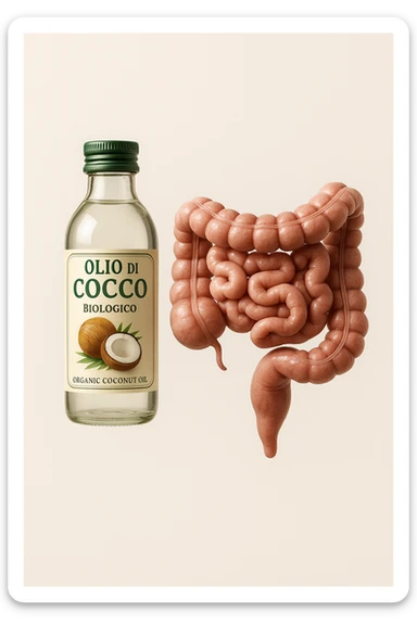BOCCETTA DI OLIO DI COCCO BIOLOGICO (FAI UN ETICHETTA SUL PRODOTTO IN ITALIANO) CHE FLUTTUA IN ARIA INSIEME A UN INTESTINO UMANO ANATOMICO IN PERFETTA SALUTE, SFONDO CHIARO, iperrealistico 4k sticker