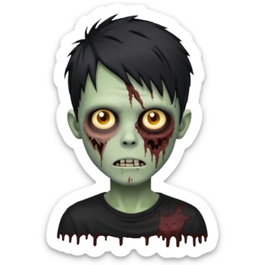 zombie boy with messy black emo hair and a black shirt sticker