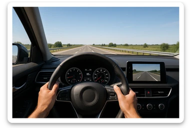 first person perspective from inside a car, hands on wheel, highway visible through windshield, modern dashboard sticker