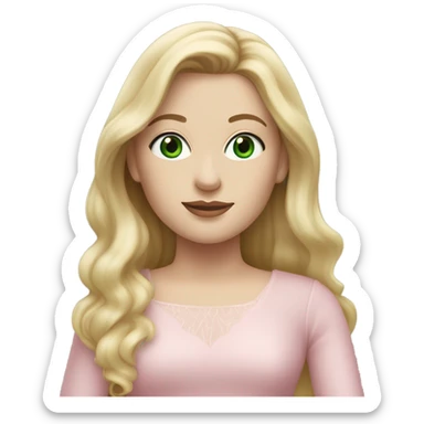 Realistic White woman with Long blonde straight hair and green eyes, wearing Long soft pink tiered tulle dress, isolated sticker