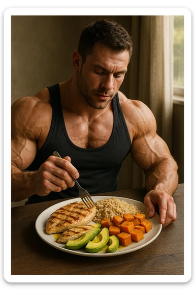 realistic scene of a muscular bodybuilder eating a balanced meal for muscle hypertrophy, plate rich in proteins, carbohydrates, and healthy fats, muscular physique, natural details, 2:3 aspect ratio sticker