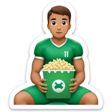 A football player sitting in the stands and watching the game with popcorn in super large green box sticker