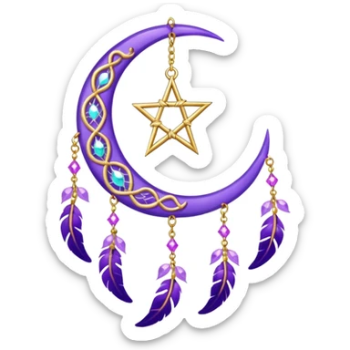 Aesthetic shiny sparkly violet crescent hanging from gold chain dreamcatcher-suncatcher hanging lilac crystals decoration  sticker