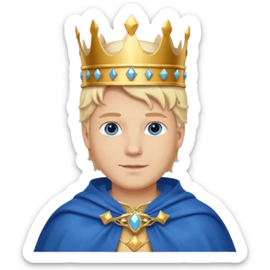 1 White king, blond hair, blue eyes, kind and benevolent vibe, gentle smile, wearing a crown and blue cloak emoji sticker