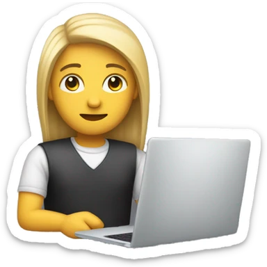 Create a developer emoji with not so white skin and straight hair, featuring a laptop, coding symbols, and a friendly expression sticker