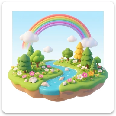 Floating island, mirco-detailed, different type of trees, 6 colors in a  rainbows in sky, lots of vivid big oversized flowers, Off white seashells, soft magical lighting, 8K, no emoji icons, no emoji faces, still life sticker