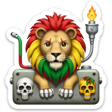 Create a power station with a rasta cap on with red gold green grafite of a lion and skulls with Fred the fossibot grafted on it sticker