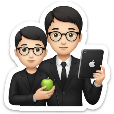 a asia white man guy his 26olds wearing an apple notebook, wearing bodyguard radio operator, round glasses, black clothes sticker