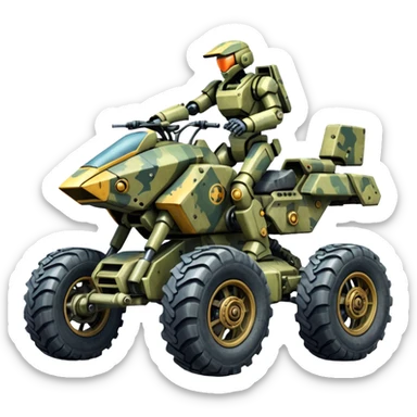 a 4-wheel camouflage army massive mech motorcycle shooting forward enemy mech off-road racing motorcycle  sticker