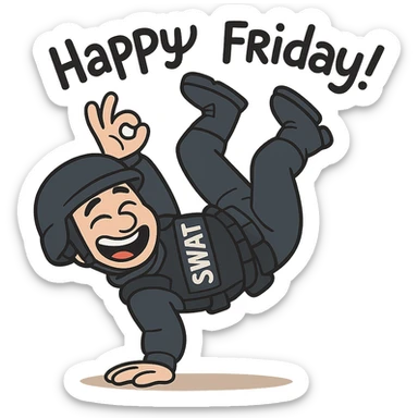 flat toon style SWAT officer breakdancing, happy Friday mood sticker