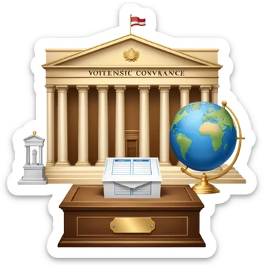 An icon featuring a ballot box with a voting paper, a government building with columns, and a scale of justice, symbolizing political science. The design includes a world map in the background, representing global political systems. Transparent background highlights governance and civic studies. sticker