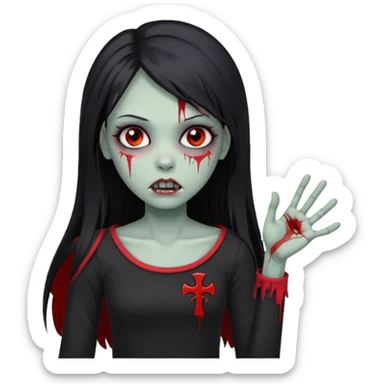 Garota zumbi com cabelo todo preto liso longo e mechas vermelhas na lateral da cabeça dos dois lados, usando uma blusa com um lado da manga caida preta  sticker
