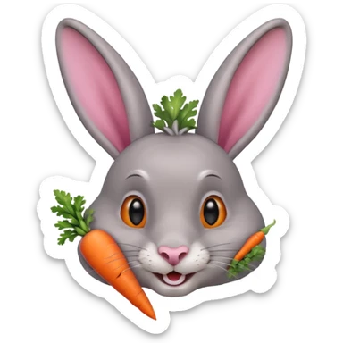Head of a grey rabbit, grinning, holding a carrot close to face
 sticker