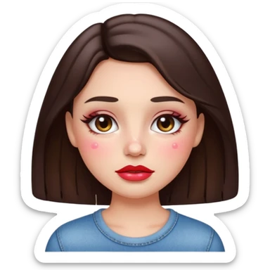 “Emoji brunette girl, dewy skin, heavy blush across cheeks and nose bridge, glossy cherry lips, soft eyeliner, teary sparkling eyes like hanni from new jeans sticker