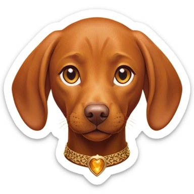 Cinematic Cute Vizsla Portrait Emoji, Head tilted playfully and inquisitively, featuring a sleek rust and gold Fur with a natural sheen, round, sparkling amber eyes filled with curiosity, Simplified yet irresistibly adorable features, highly detailed, glowing with a warm, friendly glow, high shine, affectionate and spirited, stylized with a touch of whimsy, bright and endearing, soft glowing outline, capturing the essence of a mischievous yet loving companion, so playful it feels like it could dash out of the screen and into your arms! sticker